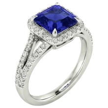 Afbeelding in Gallery-weergave laden, Gouden Halo Natuurlijke echte diamanten ( niet in een laboratorium gekweekt ) verlovingsring 3,25 karaat Asscher blauwe saffier
