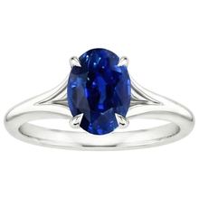 Afbeelding in Gallery-weergave laden, Gouden Solitaire Blauwe Saffier Ring Prong Set Ovale Split Shank 3 Karaat
