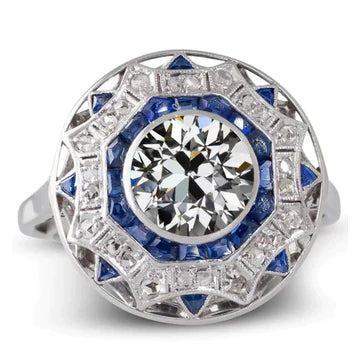 Gouden Art Deco Sieraden Nieuwe Halo Ring Blue Sapphire & Old Cut Echt Diamond Star Style