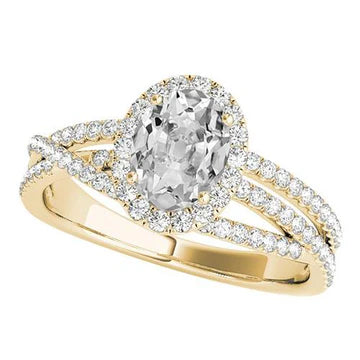 Gouden Halo Ring Ovaal Old Cut Echt Diamond Triple Split Shank 6,50 Karaat