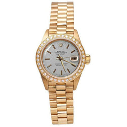 Gouden Rolex President Horloge met Witte Wijzerplaat met Streepindexen en Diamanten Lunette