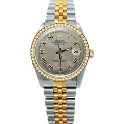 Grijze Romeinse wijzerplaat Diamanten lunette Rolex Datumjust horloge Goud & roestvrij staal SNELLE INSTELLING