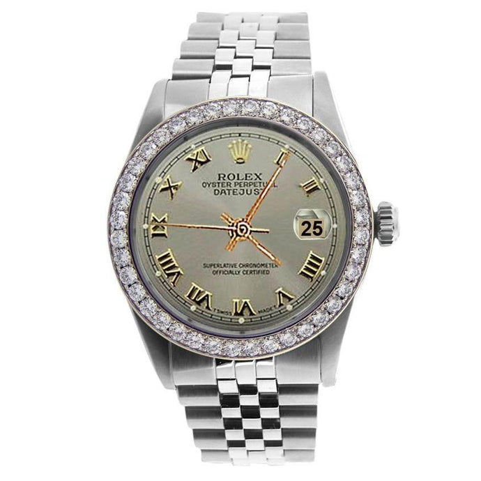 Grijze Romeinse wijzerplaat Roestvrij staal Jubileum Rolex-armband Herenhorloge met diamanten rand snel ingesteld
