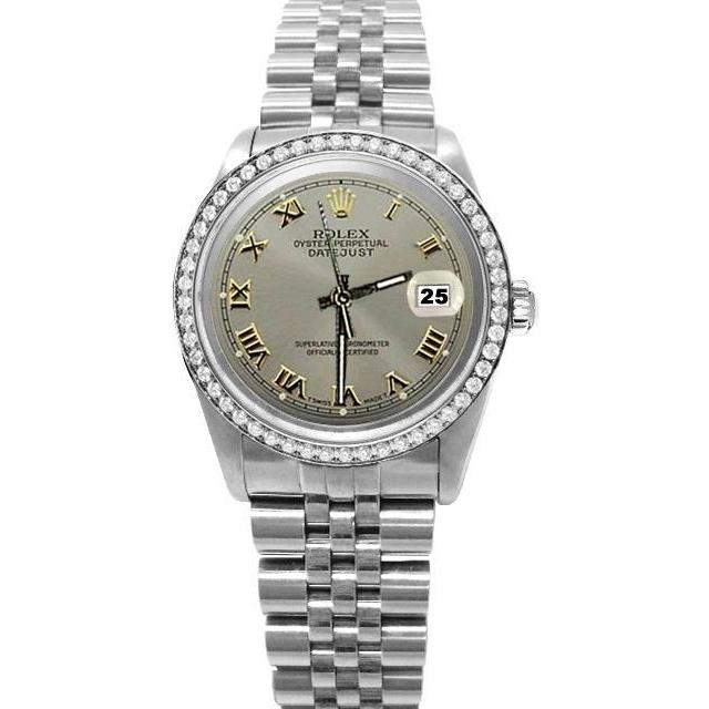 Grijze Romeinse wijzerplaat Rolex Datumjust roestvrijstalen jubileumarmbandhorloge snel ingesteld
