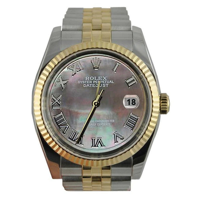 Grijze Romeinse wijzerplaat gecanneleerde Rolex herenhorloge Roestvrij staal en goud jubileum Rolex SNELLE INSTELLING
