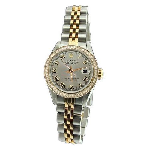 Grijze Romeinse wijzerplaat met diamanten rand roestvrij staal en goud Rolex dameshorloge Datumjust
