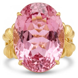 Grote Ovale Geslepen Roze Kunziet Edelsteen Ring 30 Karaat Geelgoud 14K