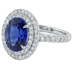 Grote Ovale Sri Lanka Blauwe Saffier Ring met Natuurlijke uit de aarde gewonnen Diamanten 4.55 Ct Witgoud 14K