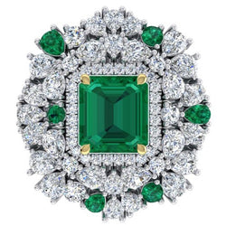 Grote Cocktailring Uniek met Echte Groene Smaragd GIA en Natuurlijke Diamanten