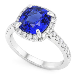 Halo Cushion Ceylon Sapphire Ring met accenten Diamant 3,50 karaat