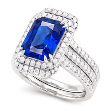Afbeelding in Gallery-weergave laden, Halo Diamant Saffier Betrokkenheid trouwring set met jasje 5 karaat

