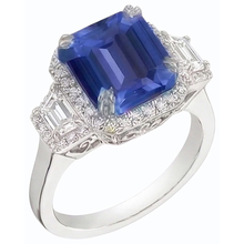 Afbeelding in Gallery-weergave laden, Halo Diamanten Ring Trapezium &amp; Ronde Accenten 4 Karaat Diepblauwe Saffier
