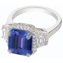 Afbeelding in Gallery-weergave laden, Halo Diamanten Ring Trapezium &amp; Ronde Accenten 4 Karaat Diepblauwe Saffier
