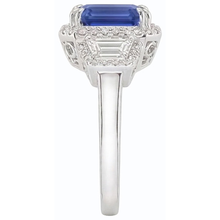 Afbeelding in Gallery-weergave laden, Halo Diamanten Ring Trapezium &amp; Ronde Accenten 4 Karaat Diepblauwe Saffier
