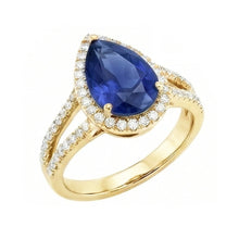 Afbeelding in Gallery-weergave laden, Halo Ring met uit de aarde gewonnen diamanten en Sri Lanka peervormige saffier van 8 karaat met gespleten schacht
