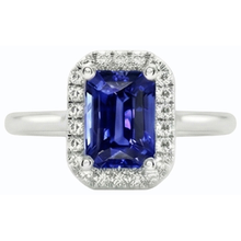 Afbeelding in Gallery-weergave laden, Halo Diamond Blue Sapphire Ring Emerald Cut 3 karaat witgoud 14K

