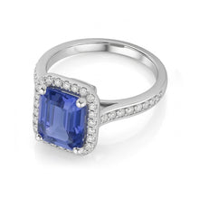 Afbeelding in Gallery-weergave laden, Halo Diamond Blue Sapphire trouwring Emerald Cut 3,50 karaat goud
