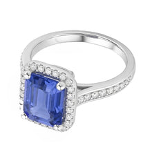Afbeelding in Gallery-weergave laden, Halo Diamond Blue Sapphire trouwring Emerald Cut 3,50 karaat goud
