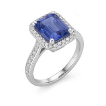Afbeelding in Gallery-weergave laden, Halo Diamond Blue Sapphire trouwring Emerald Cut 3,50 karaat goud
