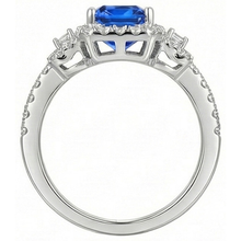 Afbeelding in Gallery-weergave laden, Halo Diamond Ring 3 stenen stijl blauwe saffier met accenten 4,50 karaat

