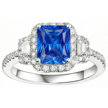 Afbeelding in Gallery-weergave laden, Halo Diamond Ring 3 stenen stijl blauwe saffier met accenten 4,50 karaat
