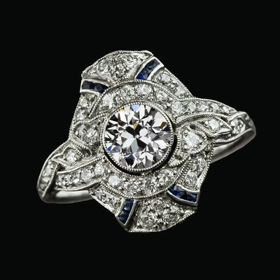 Halo Jubileumring Oud Geslepen Ronde Echt Diamant Blauwe Saffier 3,75 Karaat