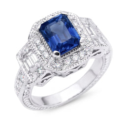 Halo Natuurlijke echte diamant ( niet in het laboratorium gekweekt )en ring met stralende saffier Ring 2,50 karaat Vintage stijl stokbrood