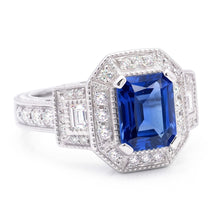 Afbeelding in Gallery-weergave laden, Halo Natuurlijke echte diamant ( niet in het laboratorium gekweekt )en ring met stralende saffier Ring 2,50 karaat Vintage stijl stokbrood
