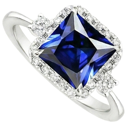 Halo Ring met uit de aarde gewonnen Diamanten en Princess Geslepen Blauwe Saffier Middensteen 6 Karaat Witgoud