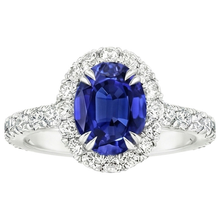 Afbeelding in Gallery-weergave laden, Halo Ring met uit de aarde gewonnen Diamant en Ovale Diepblauwe Saffier, Klauw Prong Gezet, 6.50 Karaat
