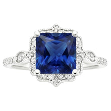 Afbeelding in Gallery-weergave laden, Halo Ring met Natuurlijke uit de aarde gewonnen Diamant Vintage Stijl Ceylon Saffier Prinsesslijpsel 6 Karaat
