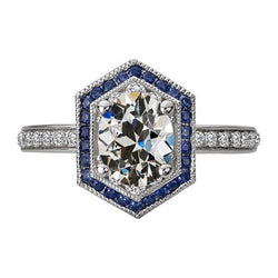 Halo Ovale Oude Mijnwerker uit de aarde gewonnen Diamanten & Ronde Blauwe Saffieren Ring 7 Karaat