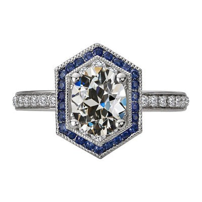 Halo Ovale Oude Mijnwerker Echt Diamant & Ronde Blauwe Saffieren Ring 7 Karaat