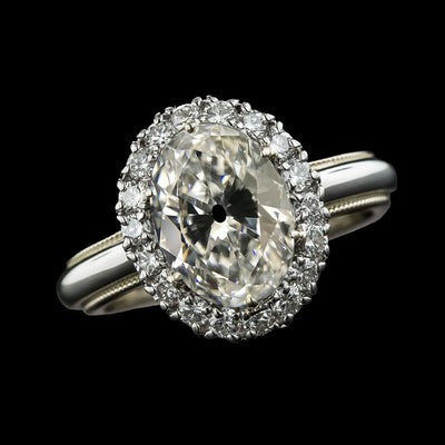 Halo Ovale Oude Mijnwerker & Ronde Natuurlijk Diamanten Ring 7,25 Karaat Vintage Stijl