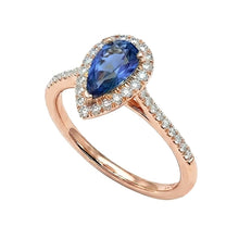 Afbeelding in Gallery-weergave laden, Halo Pear Natuurlijke Blauwe Saffier Ring 14K Rose Goud 3 Karaats Diamanten
