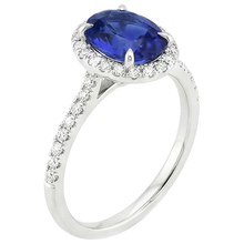 Afbeelding in Gallery-weergave laden, Halo Ring Ovaal Geslepen Ceylon Saffier &amp; Pave Set Diamanten 4 Karaat
