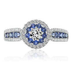 Halo Ring Round Old Miner Echt Diamond & Ceylon Sapphire Ring 7 karaat