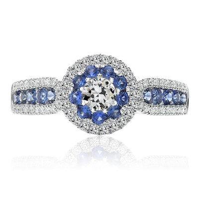 Halo Ring Round Old Miner Echt Diamond & Ceylon Sapphire Ring 7 karaat