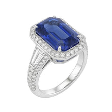 Afbeelding in Gallery-weergave laden, Halo Smaragd Saffier Ring met ronde en baguette Natuurlijke echte diamant ( niet in het laboratorium gekweekt )en 4 karaat
