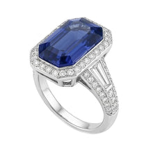 Afbeelding in Gallery-weergave laden, Halo Smaragd Saffier Ring met ronde en baguette Natuurlijke echte diamant ( niet in het laboratorium gekweekt )en 4 karaat

