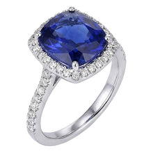 Afbeelding in Gallery-weergave laden, Halo Sri Lankaanse Saffier en Natuurlijke uit de aarde gewonnen Diamant Witgoud 14K Ring 7.80 Ct
