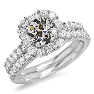 Halo Verlovingsring Set Stokbrood & Ronde Oude Geslepen Echt Diamant 6,50 Karaat