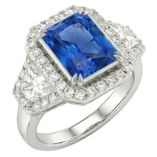 Afbeelding in Gallery-weergave laden, Halo bezel set blauwe saffier ring 4.50 karaat trapezium &amp; ronde Natuurlijke echte diamant ( niet...
