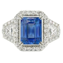Afbeelding in Gallery-weergave laden, Halo bezel set blauwe saffier ring 4.50 karaat trapezium &amp; ronde Natuurlijke echte diamant ( niet...
