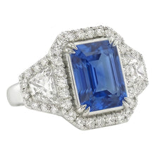 Afbeelding in Gallery-weergave laden, Halo bezel set blauwe saffier ring 4.50 karaat trapezium &amp; ronde Natuurlijke echte diamant ( niet...
