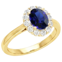 Afbeelding in Gallery-weergave laden, Dames Halo Ring met uit de aarde gewonnen Diamant en Ovale Blauwe Saffier 7.50 Karaat
