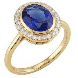 Halo ovale ring met blauwe saffier en Natuurlijke echte diamant ( niet in het laboratorium gekweekt )en 3 karaat goud