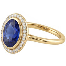 Afbeelding in Gallery-weergave laden, Halo ovale ring met blauwe saffier en Natuurlijke echte diamant ( niet in het laboratorium gekweekt )en 3 karaat goud
