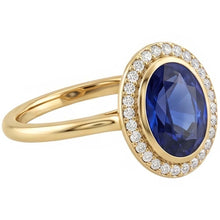 Afbeelding in Gallery-weergave laden, Halo ovale ring met blauwe saffier en Natuurlijke echte diamant ( niet in het laboratorium gekweekt )en 3 karaat goud
