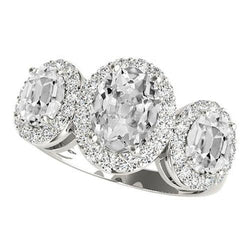 Halo Drie Steen Stijl Ovaal Oud Geslepen Natuurlijk uit de aarde gewonnen Diamanten Ring 9.50 Karaat Witgoud